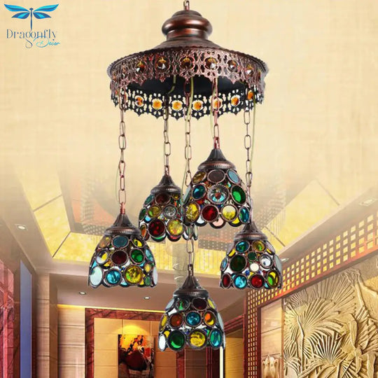 Copper Dome Hanging Chandelier Bohemian Metal 5 Heads Living Room Pendant Ceiling Light