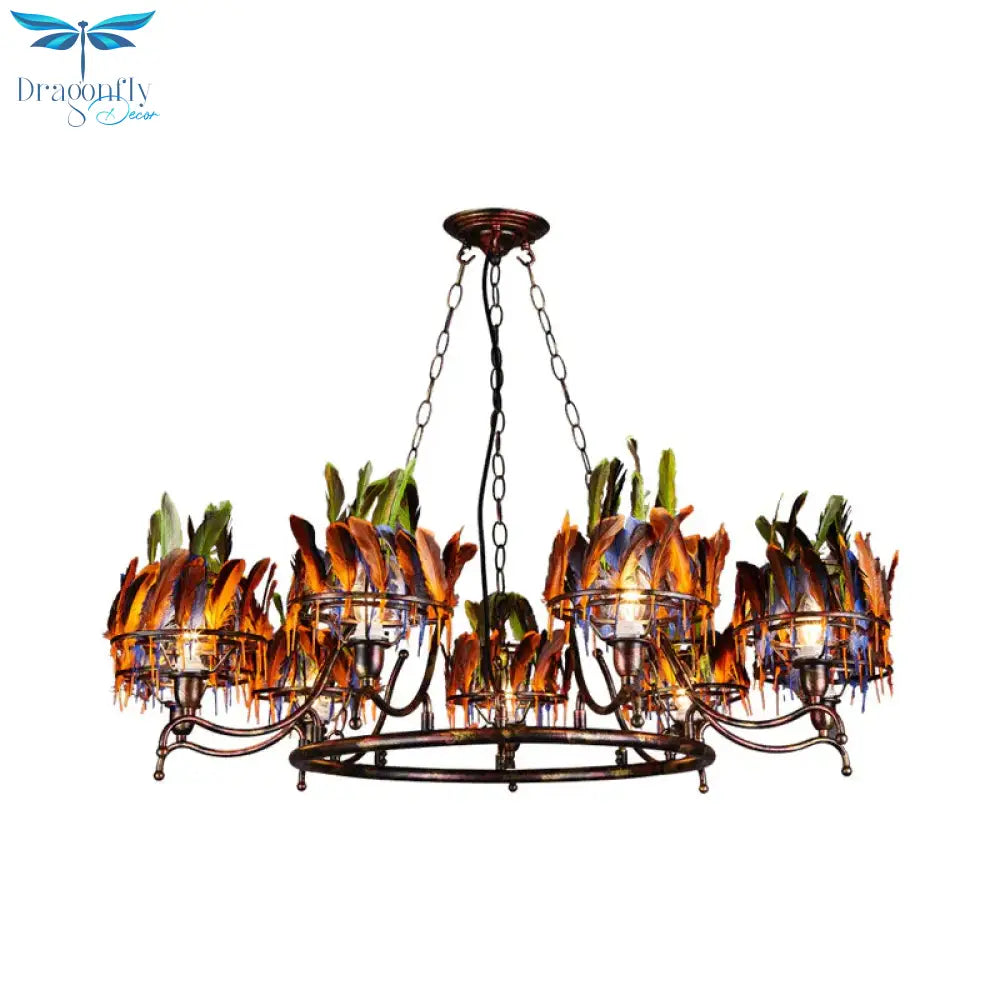 Copper Finish 9 - Head Traditional Chandelier Lamp With Indian Feather Headwear Element