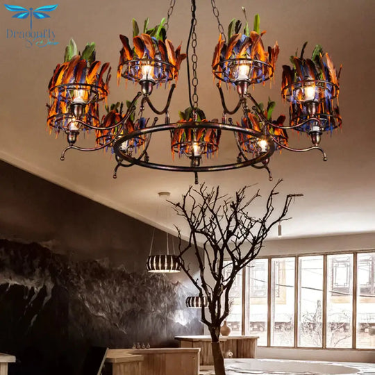 Copper Finish 9 - Head Traditional Chandelier Lamp With Indian Feather Headwear Element