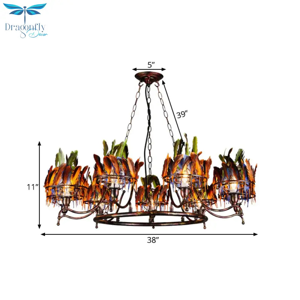 Copper Finish 9 - Head Traditional Chandelier Lamp With Indian Feather Headwear Element