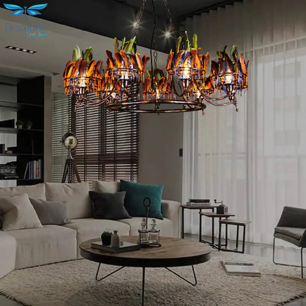 Copper Finish 9 - Head Traditional Chandelier Lamp With Indian Feather Headwear Element