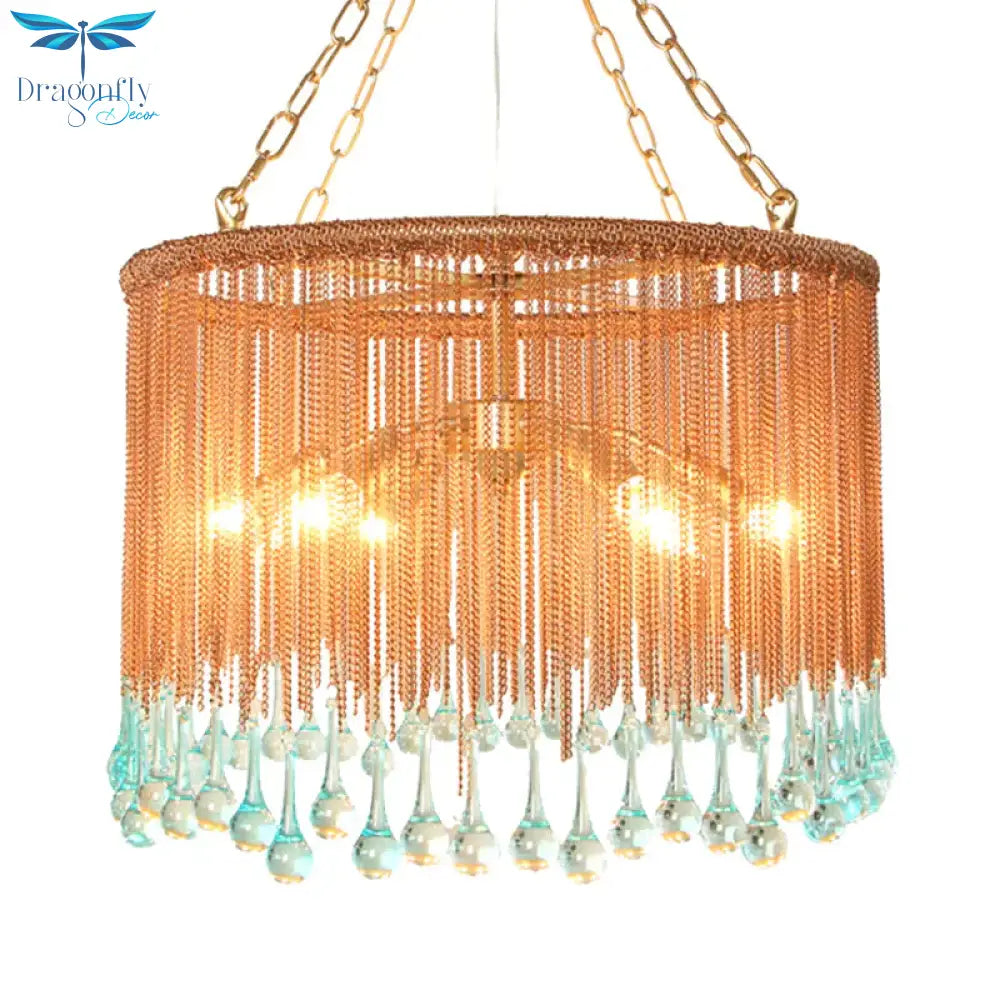 Copper Round Chandelier Light Fixture Traditional Metal Chain 6 Heads Living Room Hanging Lamp