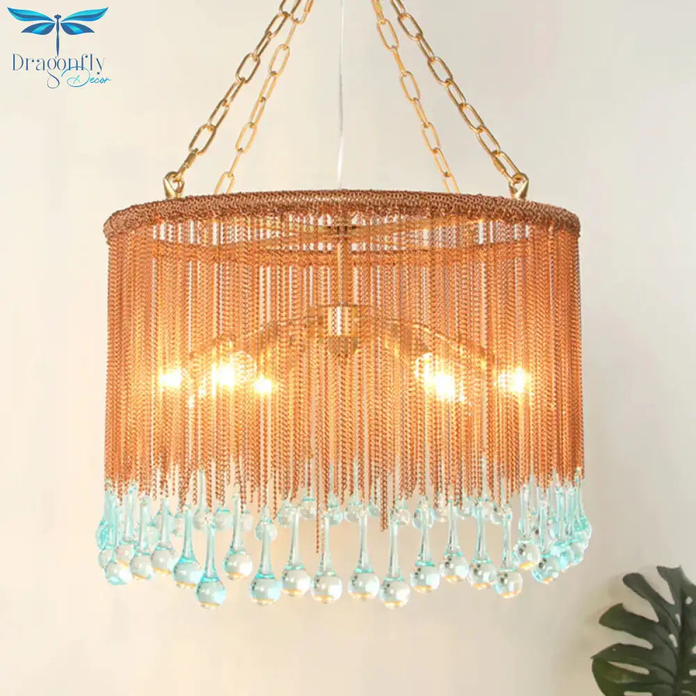 Copper Round Chandelier Light Fixture Traditional Metal Chain 6 Heads Living Room Hanging Lamp
