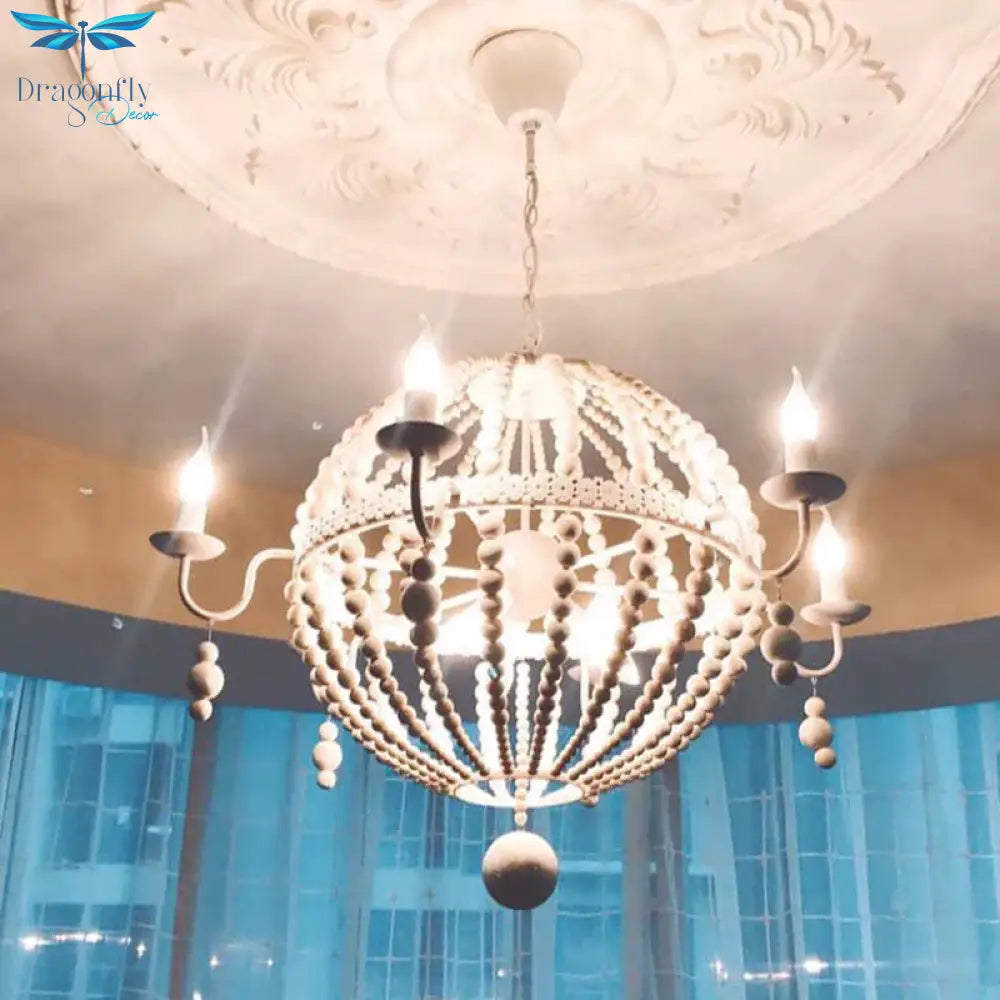 Cottage Sphere Beaded Chandelier 25.5’/31’ Dia 9 - Light White Wood Suspended Lighting Fixture
