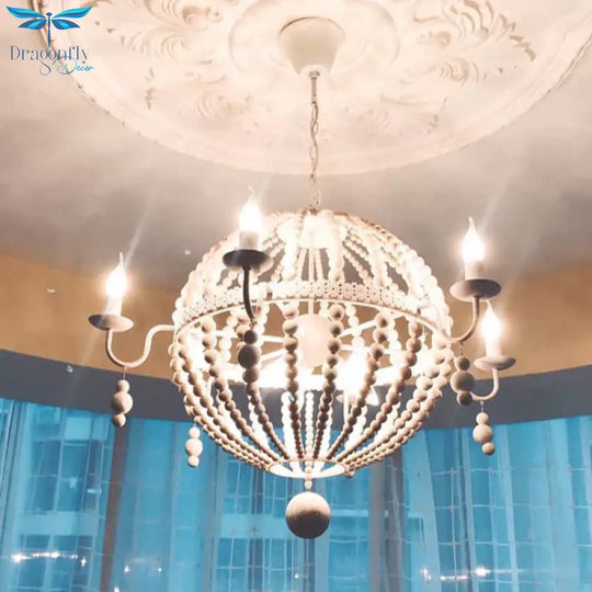 Cottage Sphere Beaded Chandelier 25.5’/31’ Dia 9 - Light White Wood Suspended Lighting Fixture