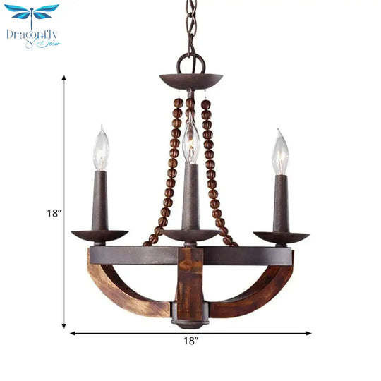 Country Candlelabrum Pendant Light 3 Lights Metal Chandelier Lamp In Dark Wood