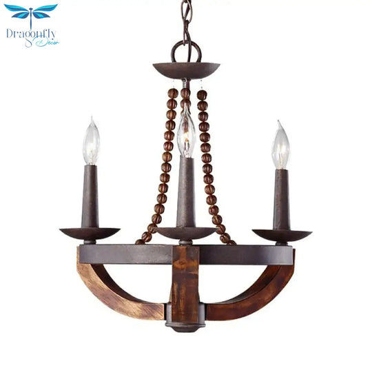 Country Candlelabrum Pendant Light 3 Lights Metal Chandelier Lamp In Dark Wood