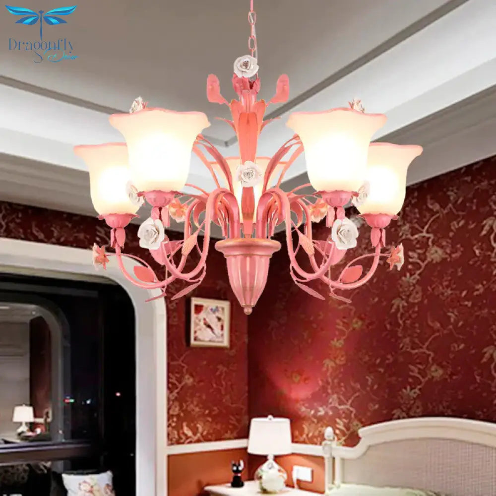 Country Flared Chandelier Lighting Fixture 3/5/7 Bulbs Metal Led Drop Pendant In Pink/Blue For