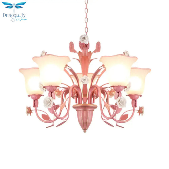 Country Flared Chandelier Lighting Fixture 3/5/7 Bulbs Metal Led Drop Pendant In Pink/Blue For