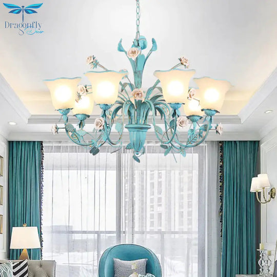 Country Flared Chandelier Lighting Fixture 3/5/7 Bulbs Metal Led Drop Pendant In Pink/Blue For