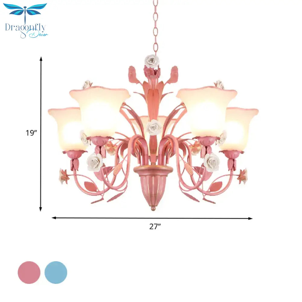 Country Flared Chandelier Lighting Fixture 3/5/7 Bulbs Metal Led Drop Pendant In Pink/Blue For