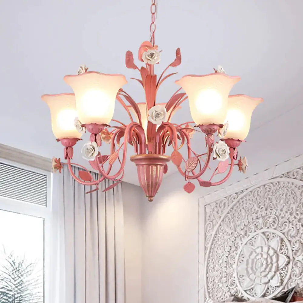 Country Flared Chandelier Lighting Fixture 3/5/7 Bulbs Metal Led Drop Pendant In Pink/Blue For