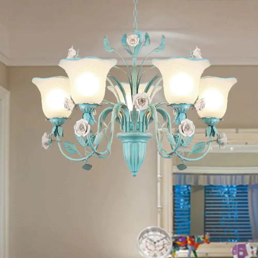 Country Flared Chandelier Lighting Fixture 3/5/7 Bulbs Metal Led Drop Pendant In Pink/Blue For