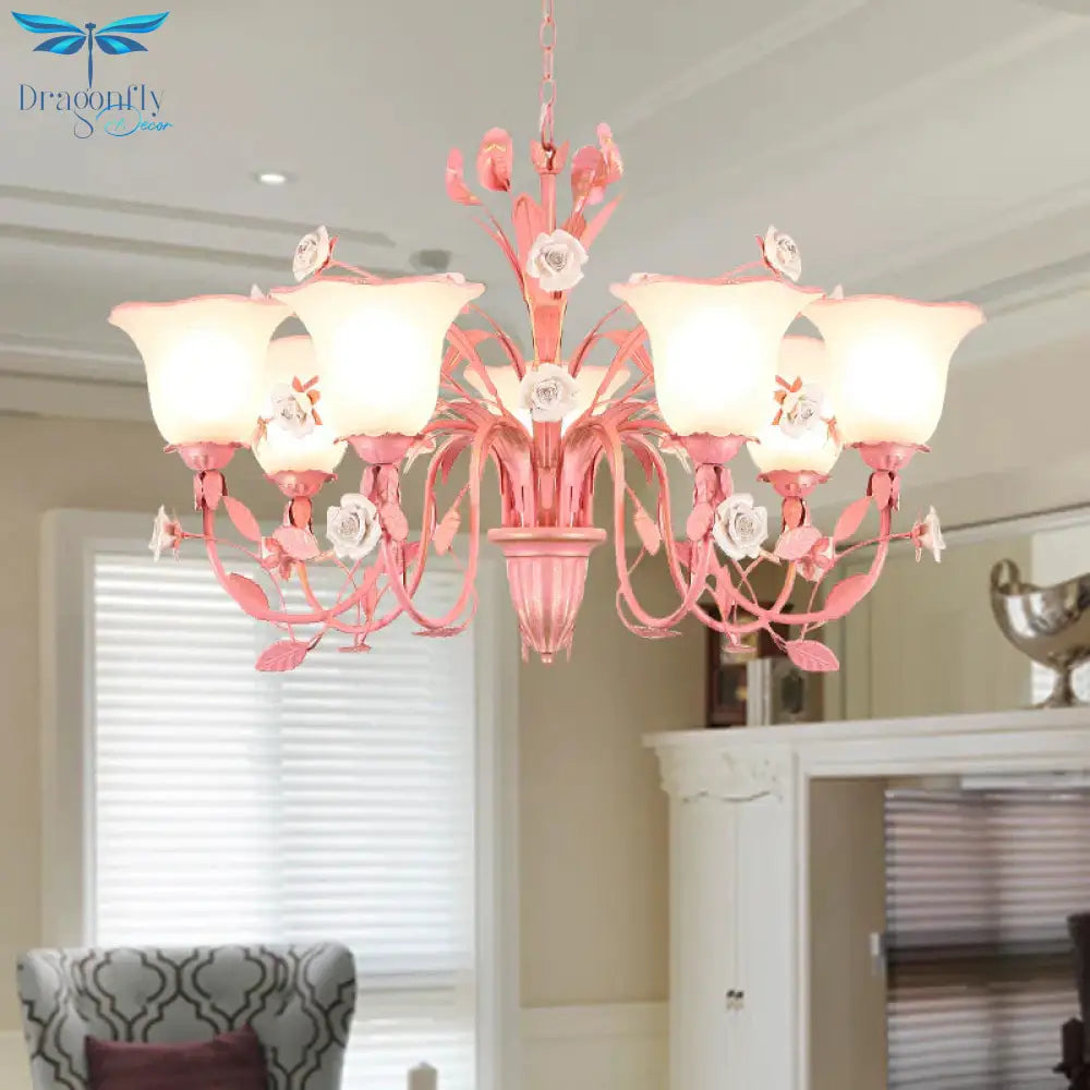 Country Flared Chandelier Lighting Fixture 3/5/7 Bulbs Metal Led Drop Pendant In Pink/Blue For