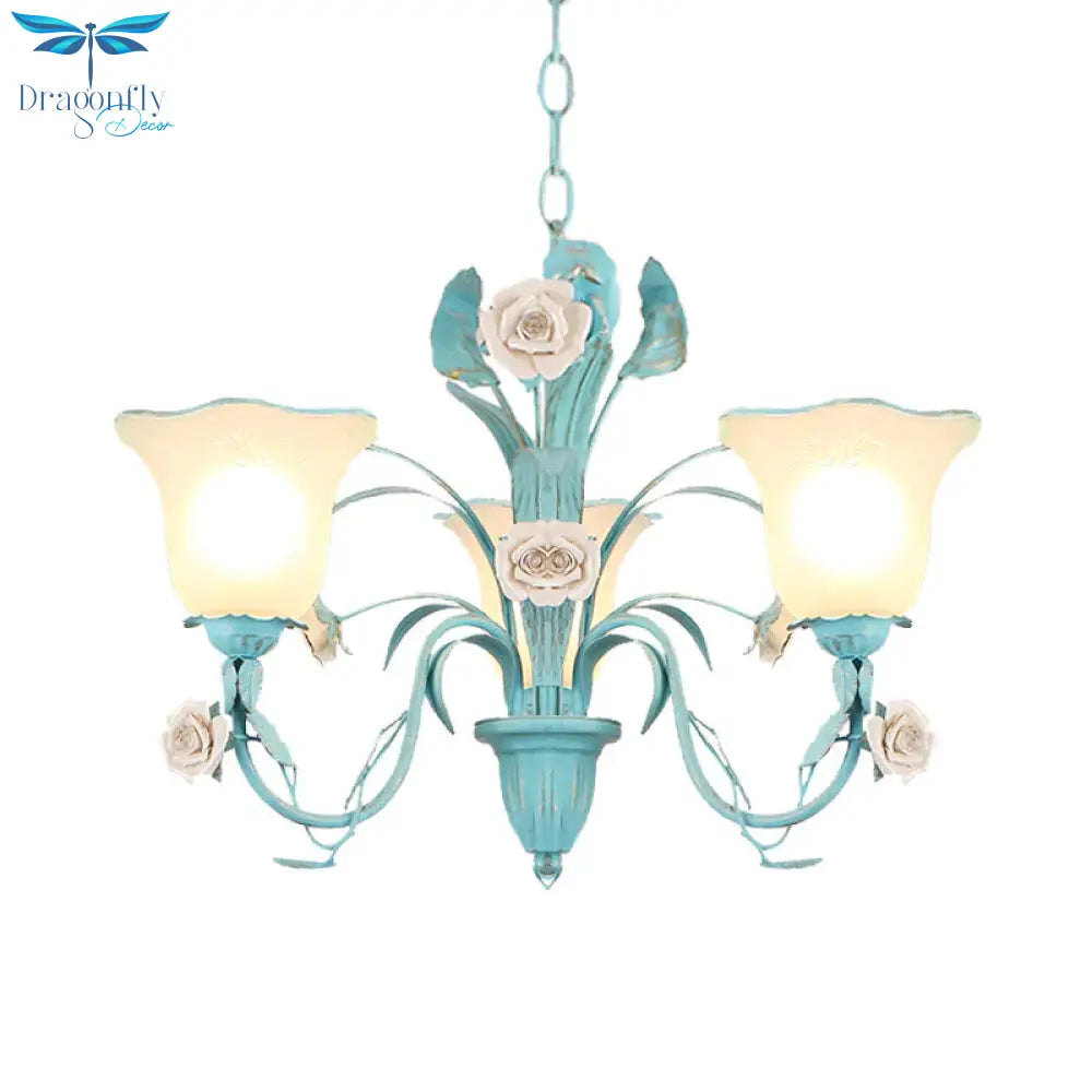 Country Flared Chandelier Lighting Fixture 3/5/7 Bulbs Metal Led Drop Pendant In Pink/Blue For