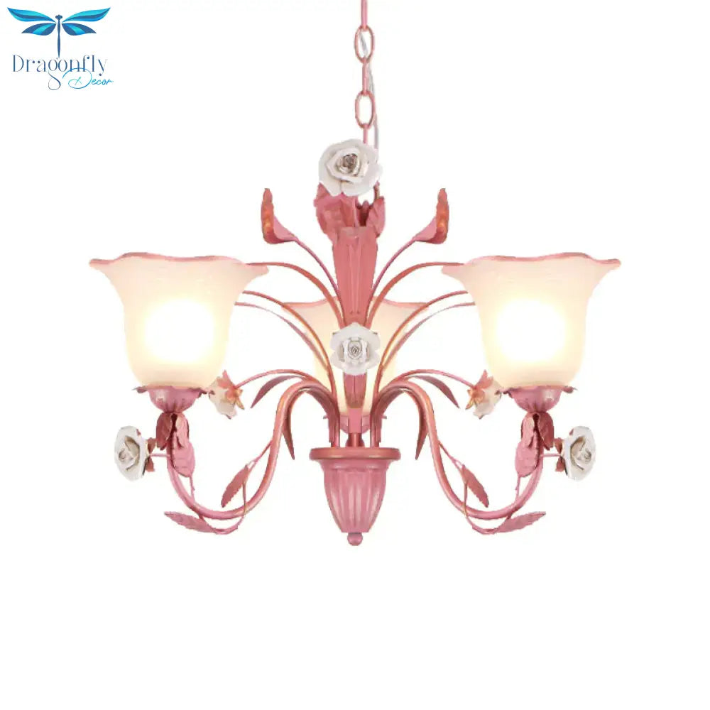 Country Flared Chandelier Lighting Fixture 3/5/7 Bulbs Metal Led Drop Pendant In Pink/Blue For