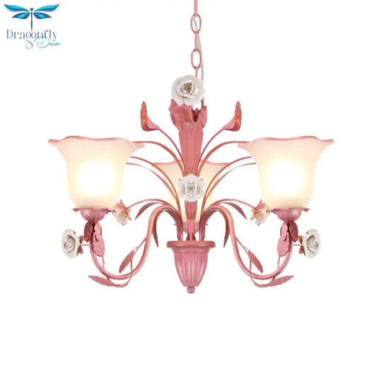 Country Flared Chandelier Lighting Fixture 3/5/7 Bulbs Metal Led Drop Pendant In Pink/Blue For