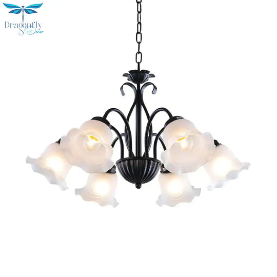 Country Floral Chandelier Lamp 5/6/8 Heads Frosted Glass Pendant Light Fixture In Black With