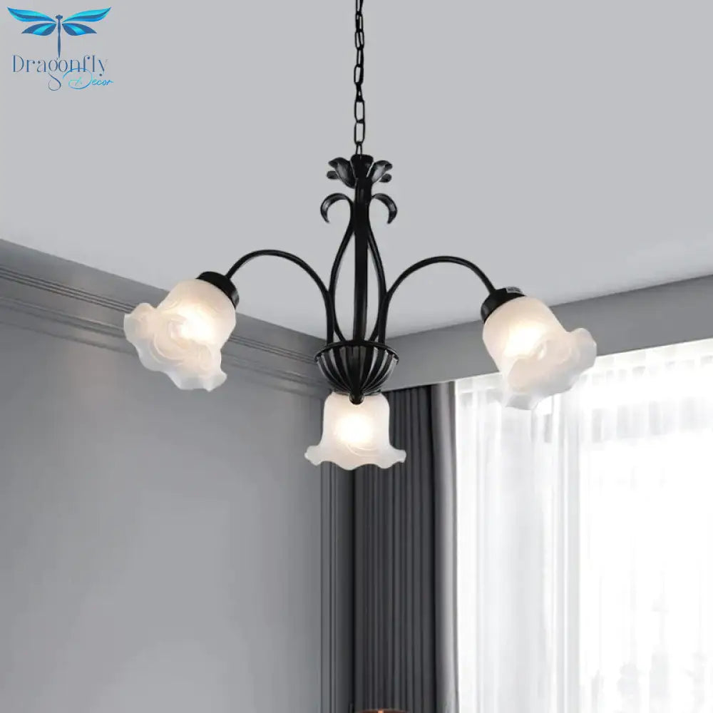 Country Floral Chandelier Lamp 5/6/8 Heads Frosted Glass Pendant Light Fixture In Black With