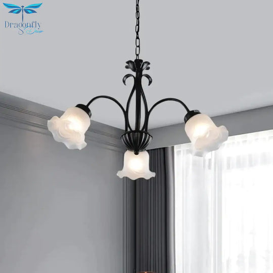 Country Floral Chandelier Lamp 5/6/8 Heads Frosted Glass Pendant Light Fixture In Black With