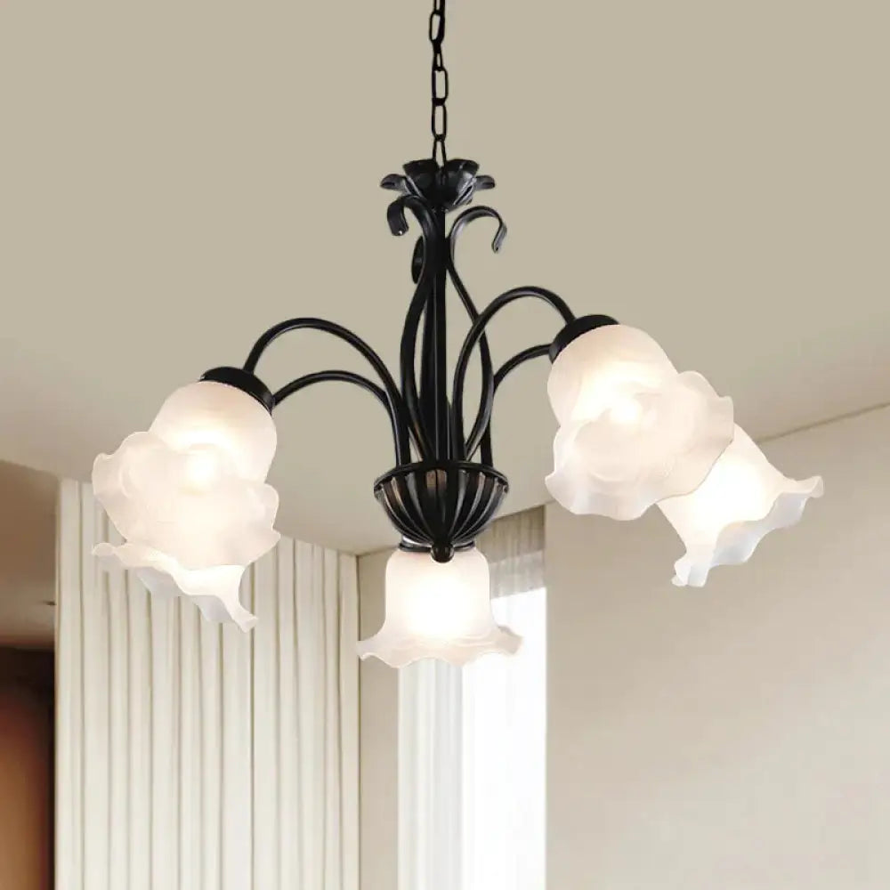 Country Floral Chandelier Lamp 5/6/8 Heads Frosted Glass Pendant Light Fixture In Black With