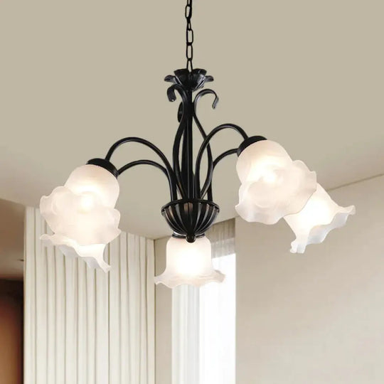 Country Floral Chandelier Lamp 5/6/8 Heads Frosted Glass Pendant Light Fixture In Black With