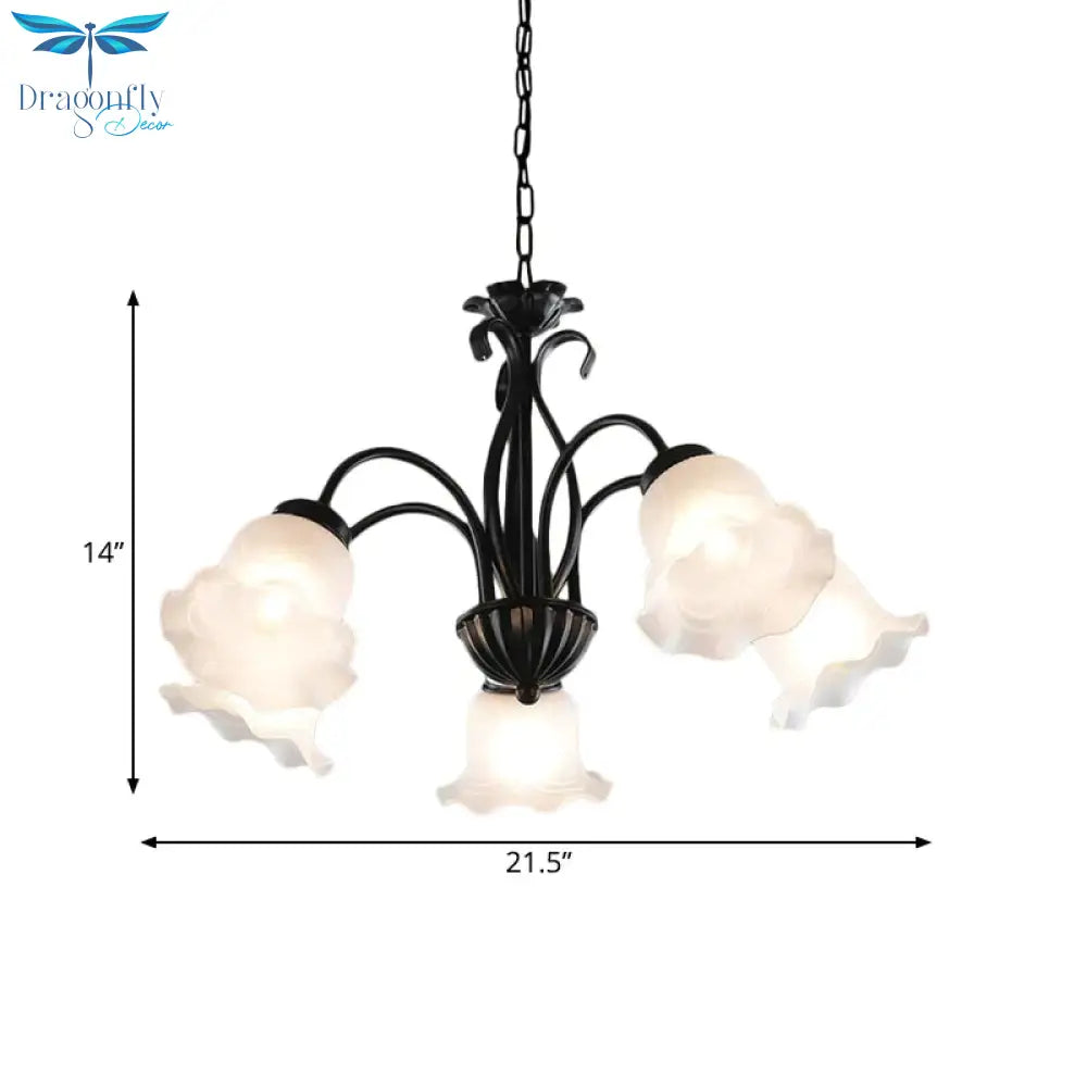 Country Floral Chandelier Lamp 5/6/8 Heads Frosted Glass Pendant Light Fixture In Black With