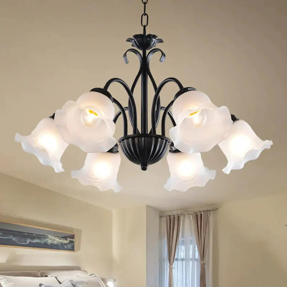 Country Floral Chandelier Lamp 5/6/8 Heads Frosted Glass Pendant Light Fixture In Black With