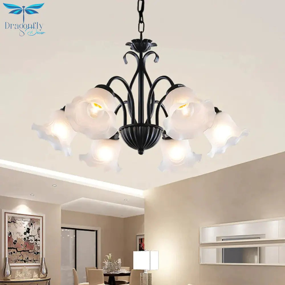 Country Floral Chandelier Lamp 5/6/8 Heads Frosted Glass Pendant Light Fixture In Black With