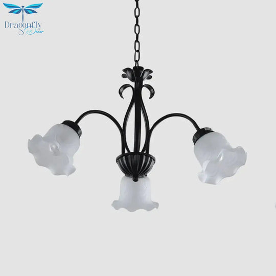 Country Floral Chandelier Lamp 5/6/8 Heads Frosted Glass Pendant Light Fixture In Black With