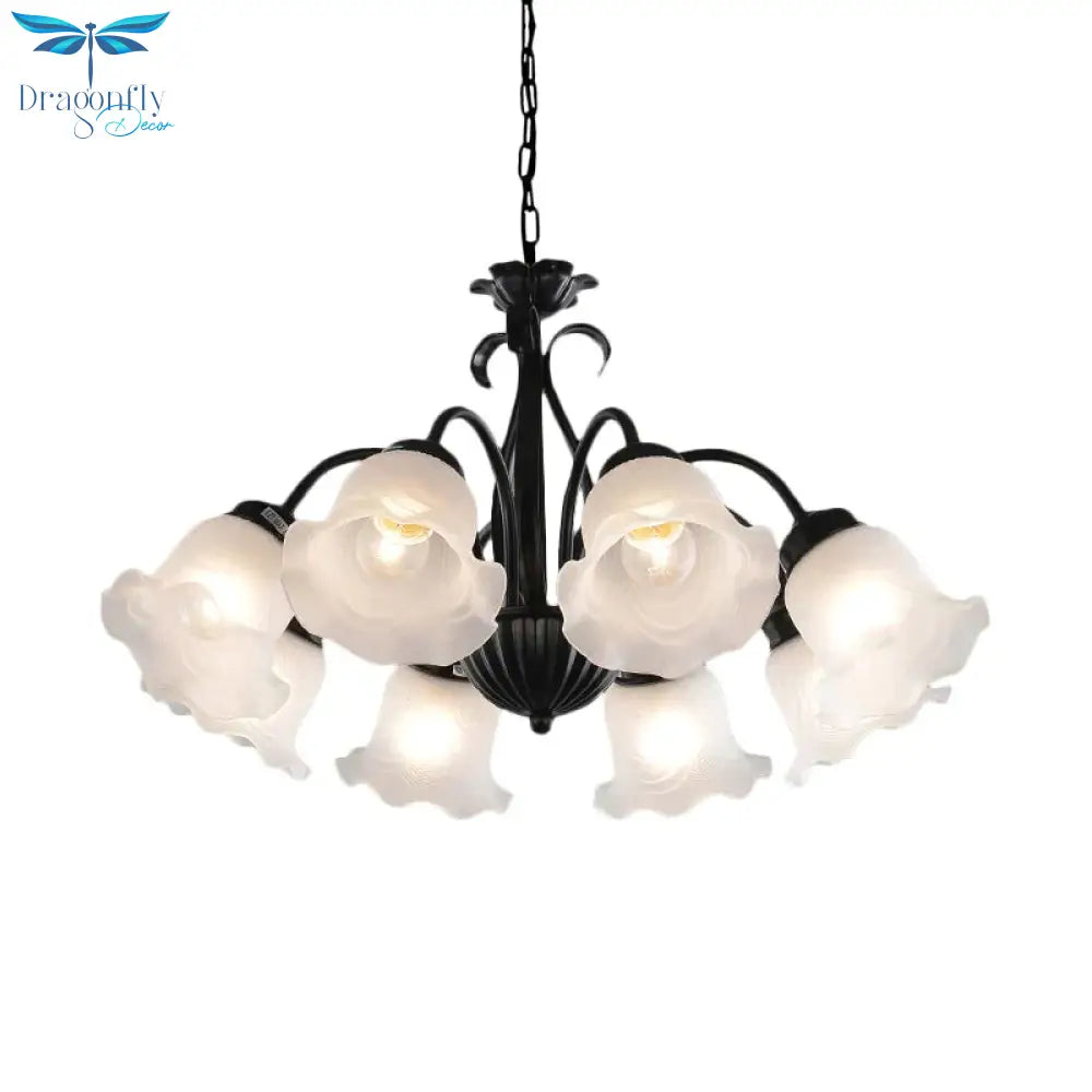 Country Floral Chandelier Lamp 5/6/8 Heads Frosted Glass Pendant Light Fixture In Black With