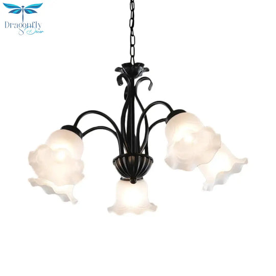 Country Floral Chandelier Lamp 5/6/8 Heads Frosted Glass Pendant Light Fixture In Black With