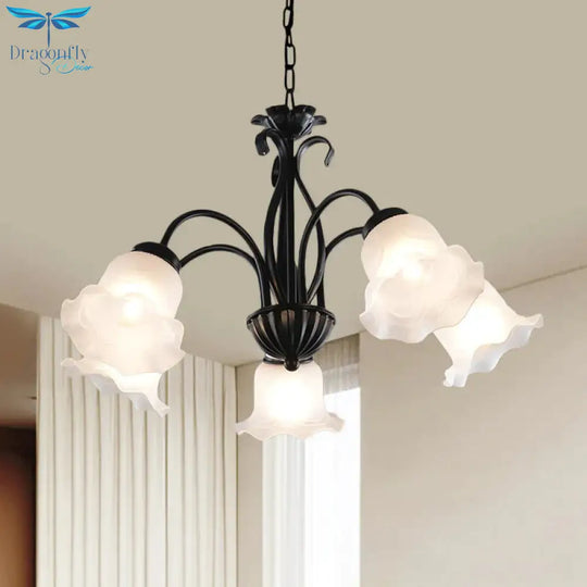 Country Floral Chandelier Lamp 5/6/8 Heads Frosted Glass Pendant Light Fixture In Black With