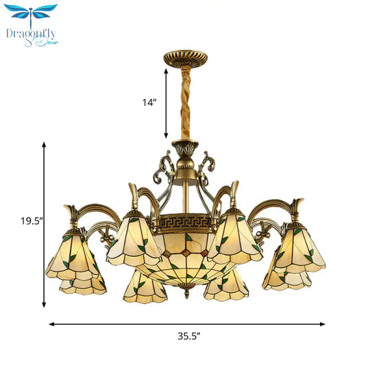 Country Style Dome Pendant Light With Cone Stained Glass 9/11 Lights Chandelier Lamp In Beige