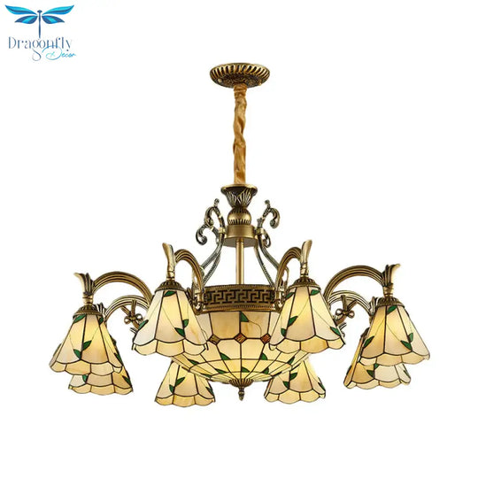 Country Style Dome Pendant Light With Cone Stained Glass 9/11 Lights Chandelier Lamp In Beige