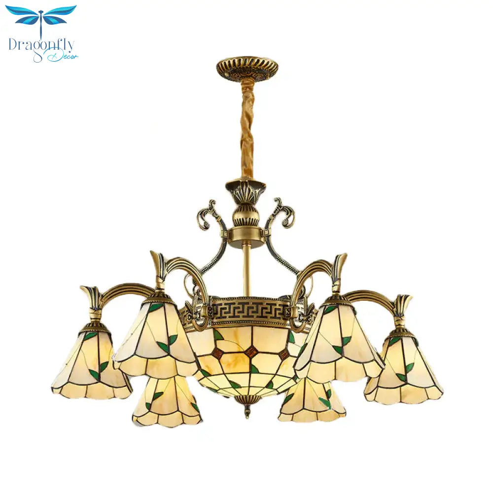 Country Style Dome Pendant Light With Cone Stained Glass 9/11 Lights Chandelier Lamp In Beige