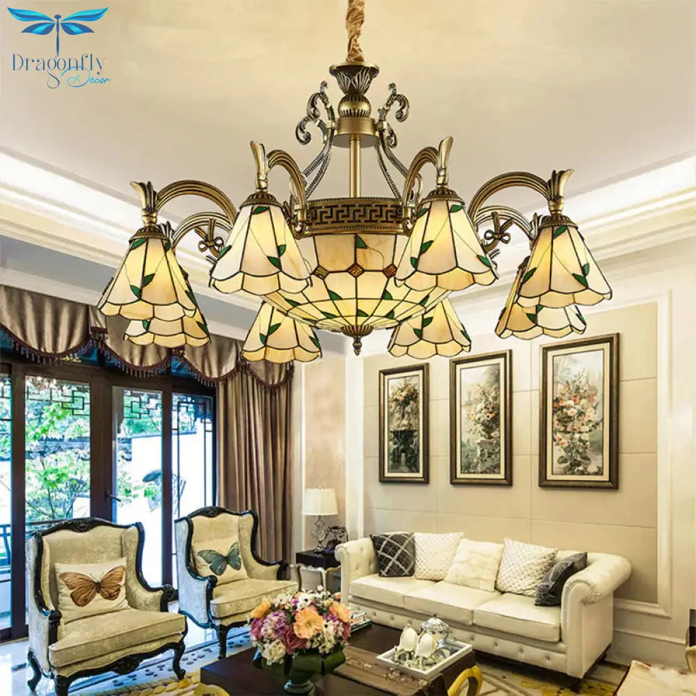 Country Style Dome Pendant Light With Cone Stained Glass 9/11 Lights Chandelier Lamp In Beige