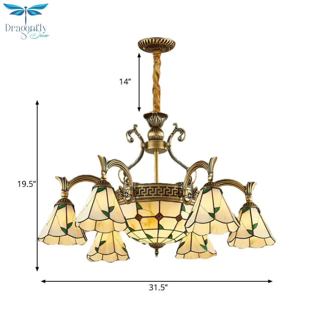 Country Style Dome Pendant Light With Cone Stained Glass 9/11 Lights Chandelier Lamp In Beige