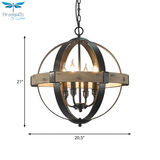 Country Style Wood Strap Globe Pendant Chandelier In Black