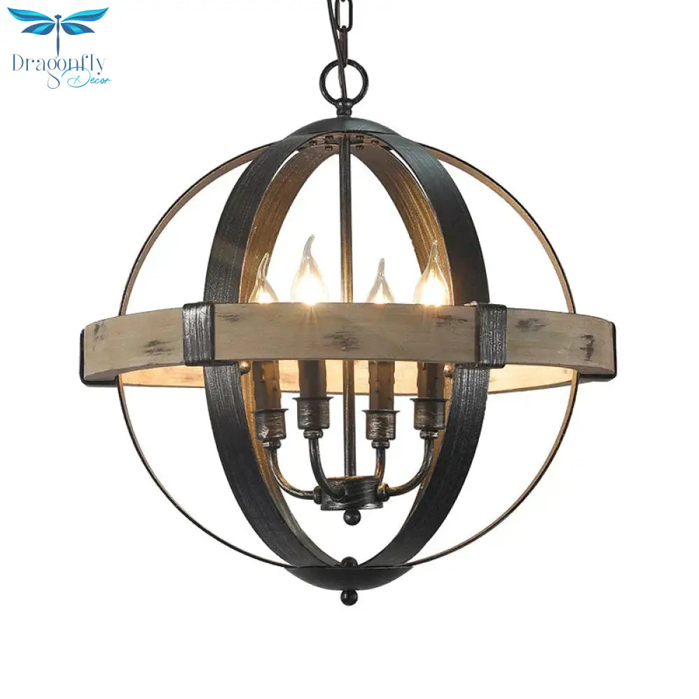Country Style Wood Strap Globe Pendant Chandelier In Black