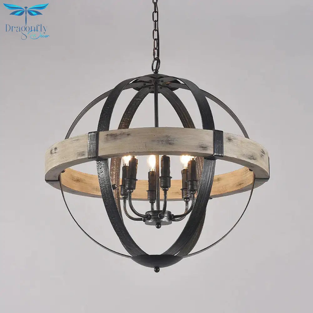 Country Style Wood Strap Globe Pendant Chandelier In Black
