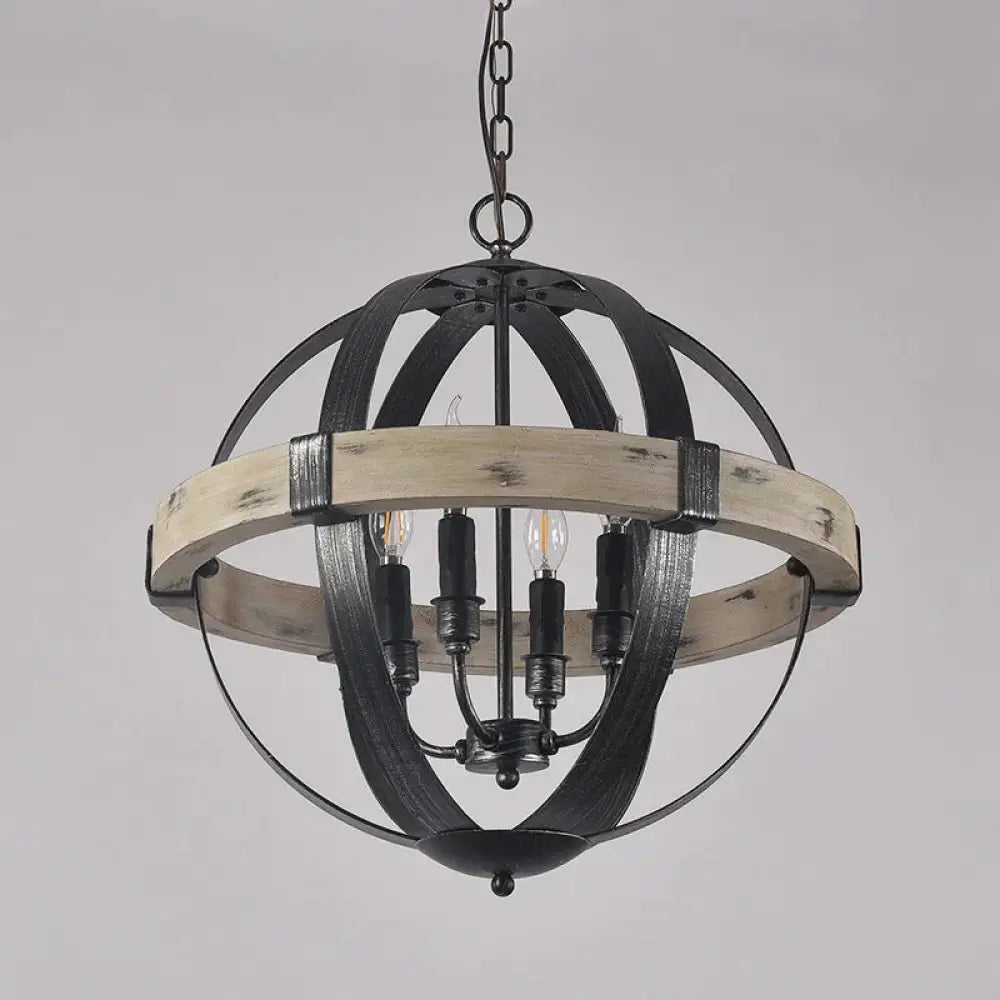 Country Style Wood Strap Globe Pendant Chandelier In Black 4 /