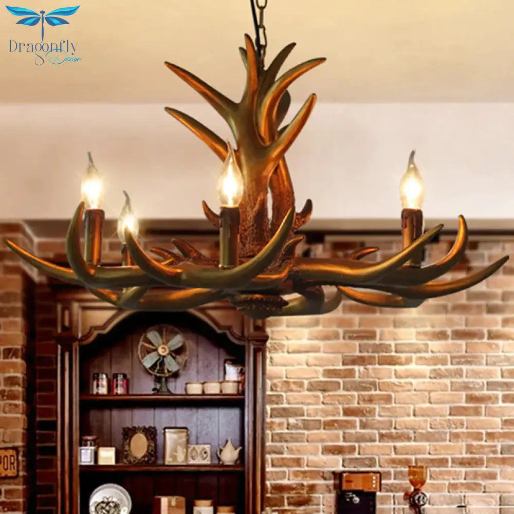 Countryside Antler Hanging Pendant 6 Lights Resin Ceiling Chandelier In Gold For Living Room