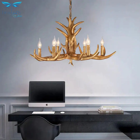 Countryside Antler Hanging Pendant 6 Lights Resin Ceiling Chandelier In Gold For Living Room