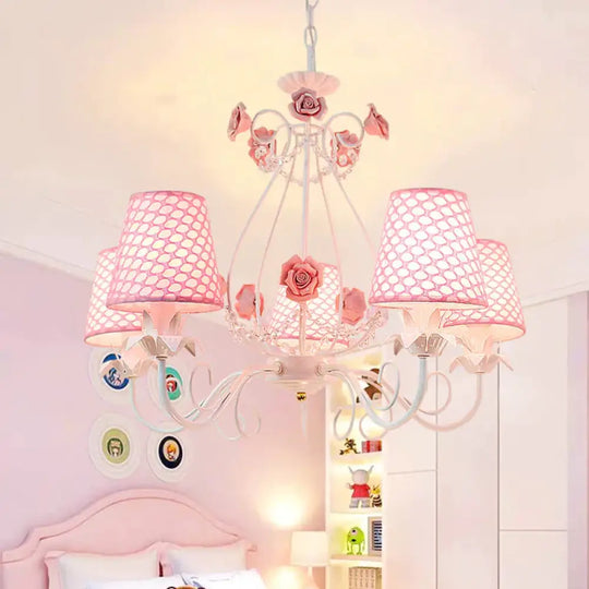 Countryside Barrel Chandelier Lighting Fixture 5 Heads Fabric Pendant Ceiling Light In Pink/White
