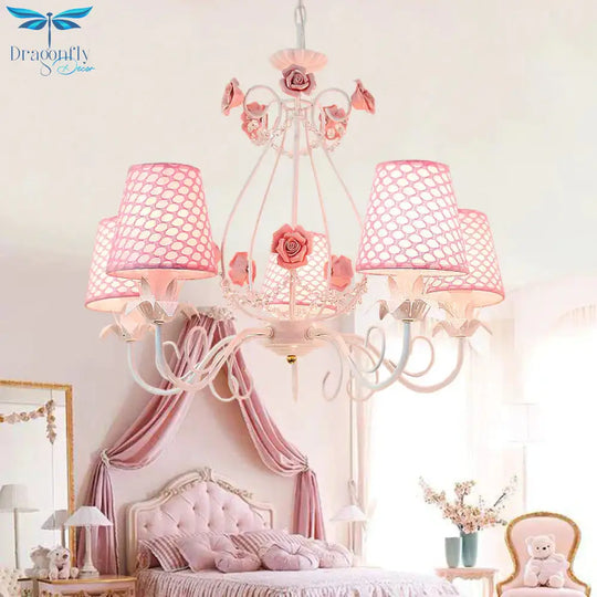 Countryside Barrel Chandelier Lighting Fixture 5 Heads Fabric Pendant Ceiling Light In Pink/White