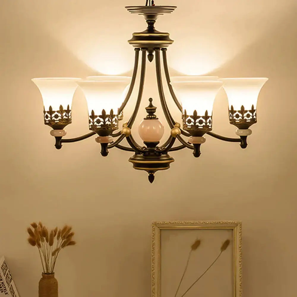 Countryside Bell Up Hanging Lighting 3/6 Lights White Glass Pendant Chandelier In Black And Gold 6