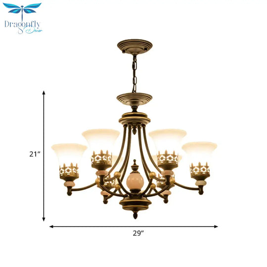 Countryside Bell Up Hanging Lighting 3/6 Lights White Glass Pendant Chandelier In Black And Gold