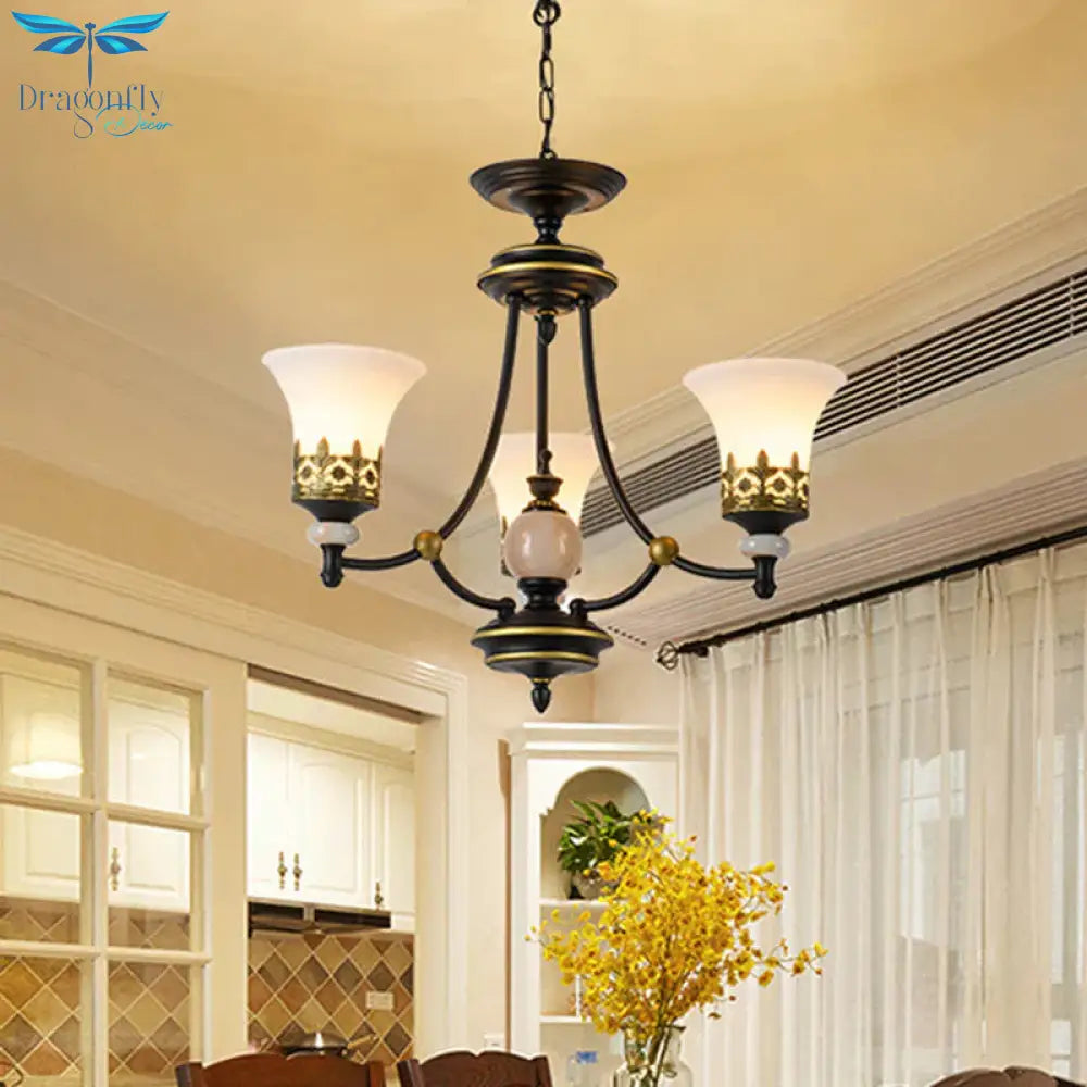Countryside Bell Up Hanging Lighting 3/6 Lights White Glass Pendant Chandelier In Black And Gold