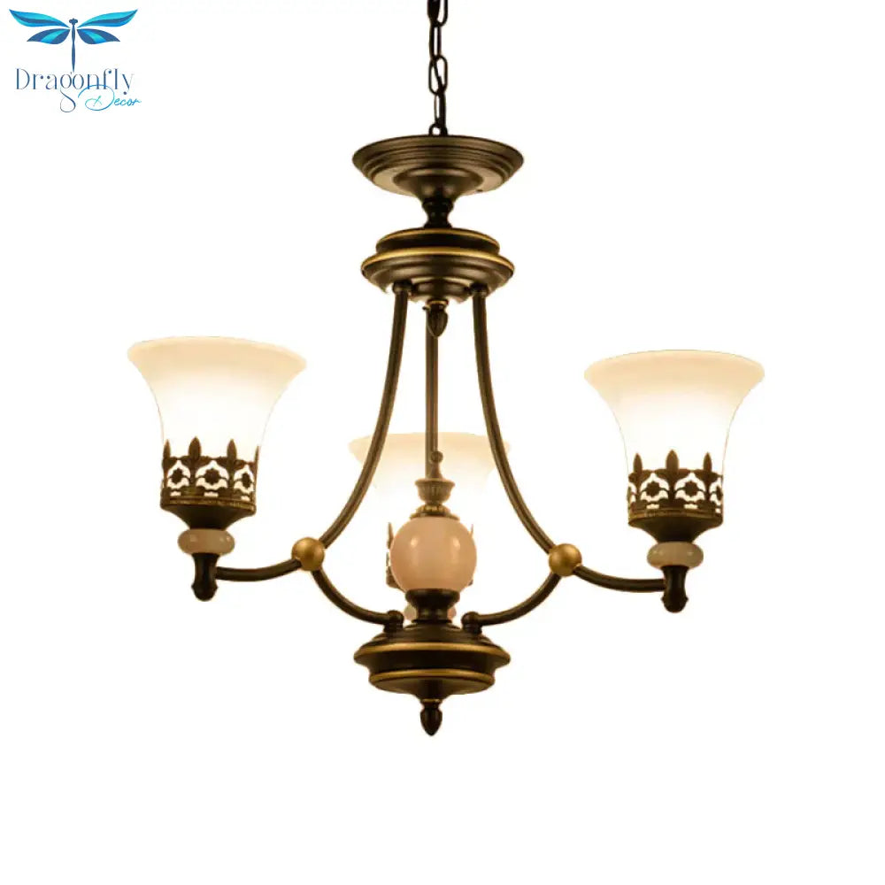 Countryside Bell Up Hanging Lighting 3/6 Lights White Glass Pendant Chandelier In Black And Gold